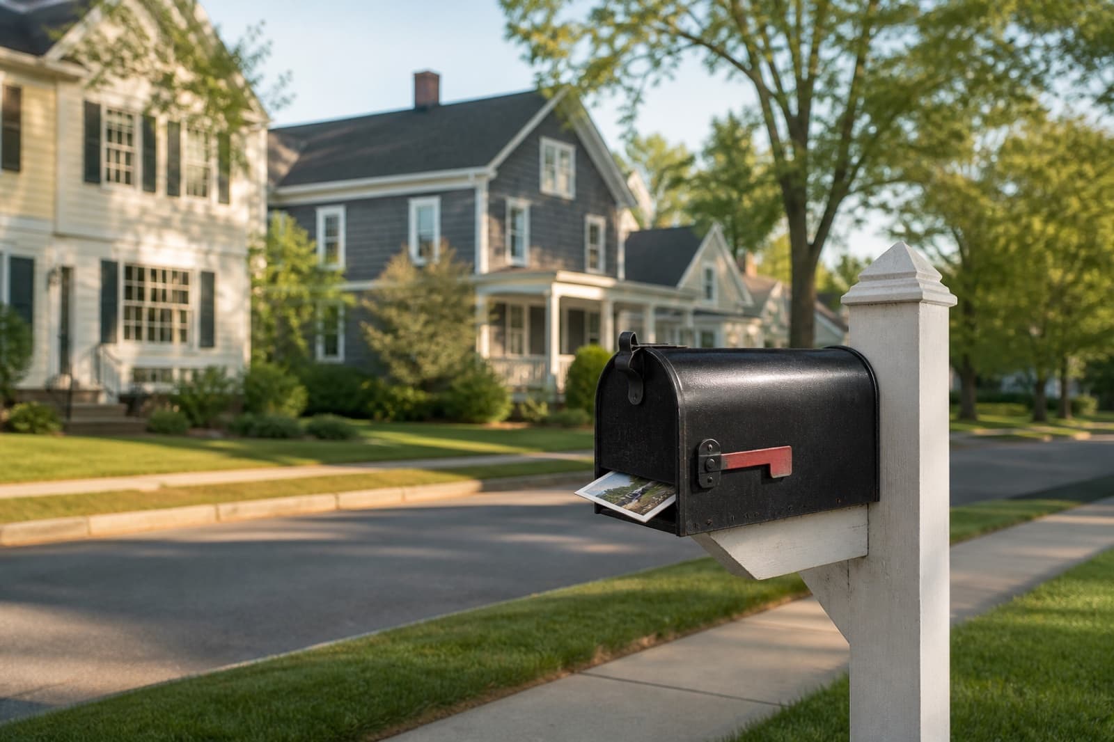 A mailbox on a quiet residential sidewalk